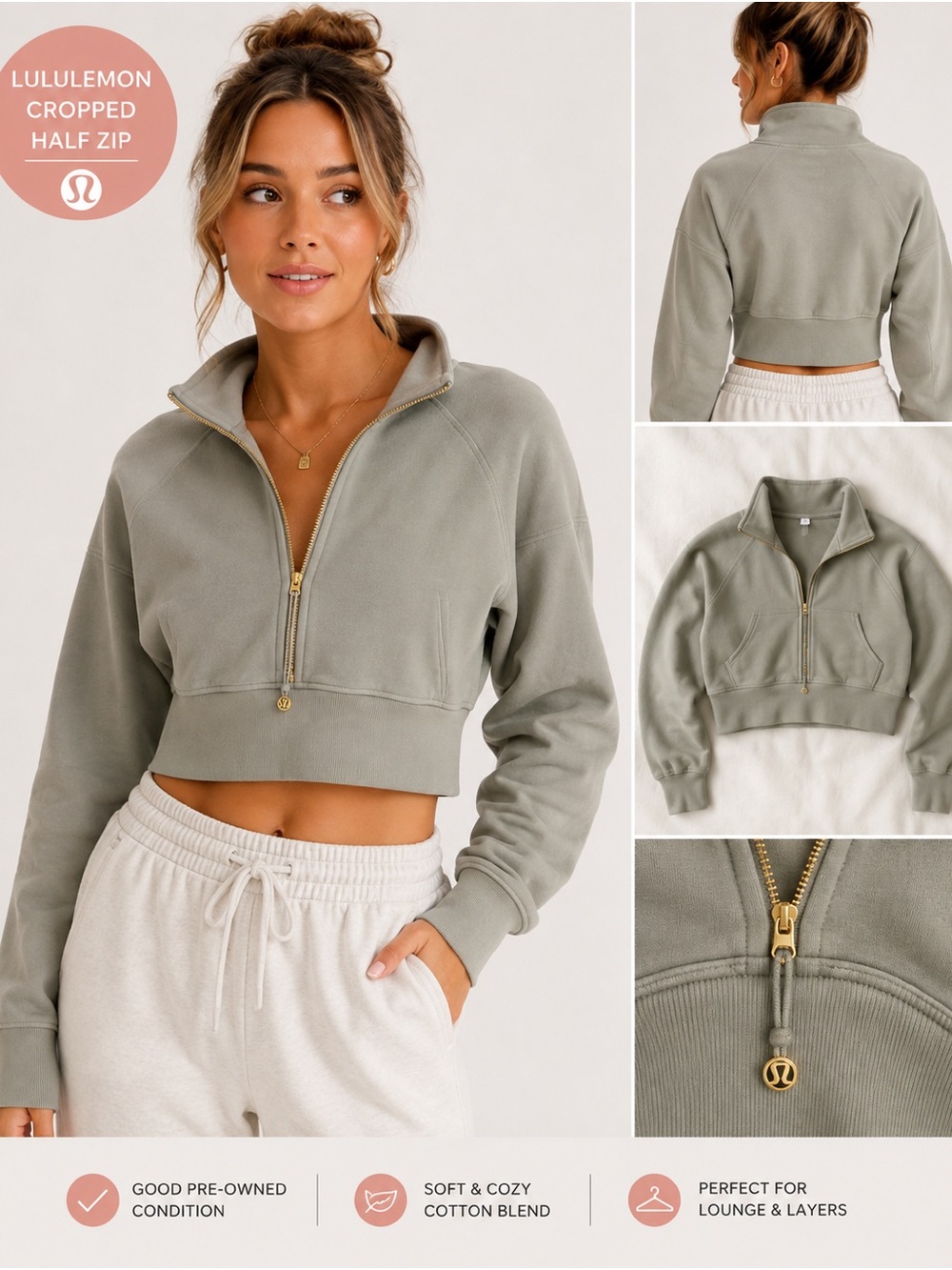 lululemon athletica Cropped Half-Zip Sweatshirt in Olive Green
